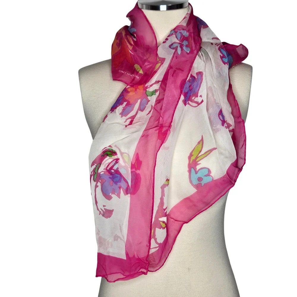 Jones New‎ York Silk Scarf 35x35 Fuchsia Pink Floral Watercolor Japan Wrap